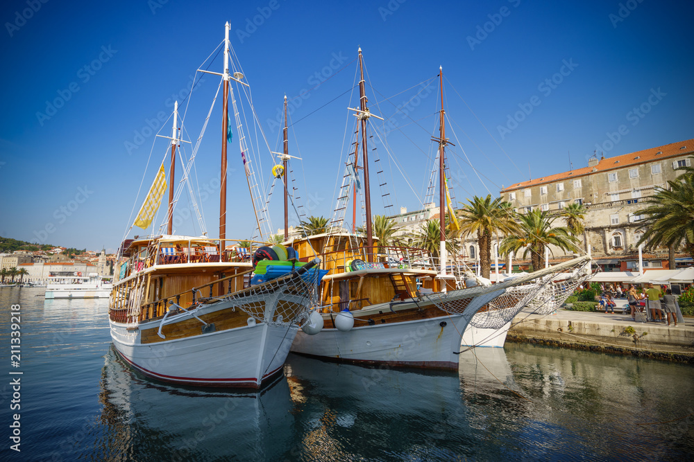 Boats in Split at sunny day with waterfront view, Dalmatia, Croatia