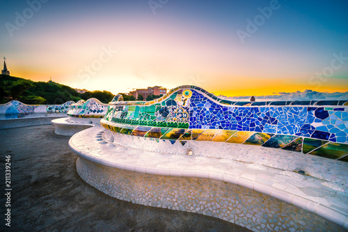 Sunrise in public Park Guell. Opened 1926 and added to UNESCO World Heritage Site in 1984
