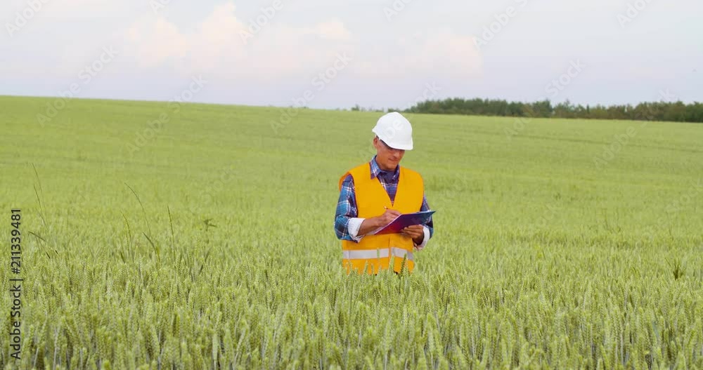 Engineer Analyzing Traffic, polution, On Clipboard Amidst Crops At Farm Engineer Analyzing Traffic, polution, On Clipboard Amidst Crops At Farm