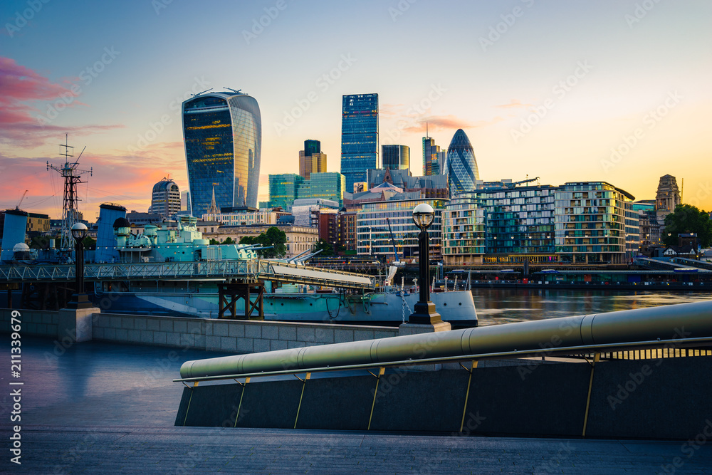 London financial district at sunrise 