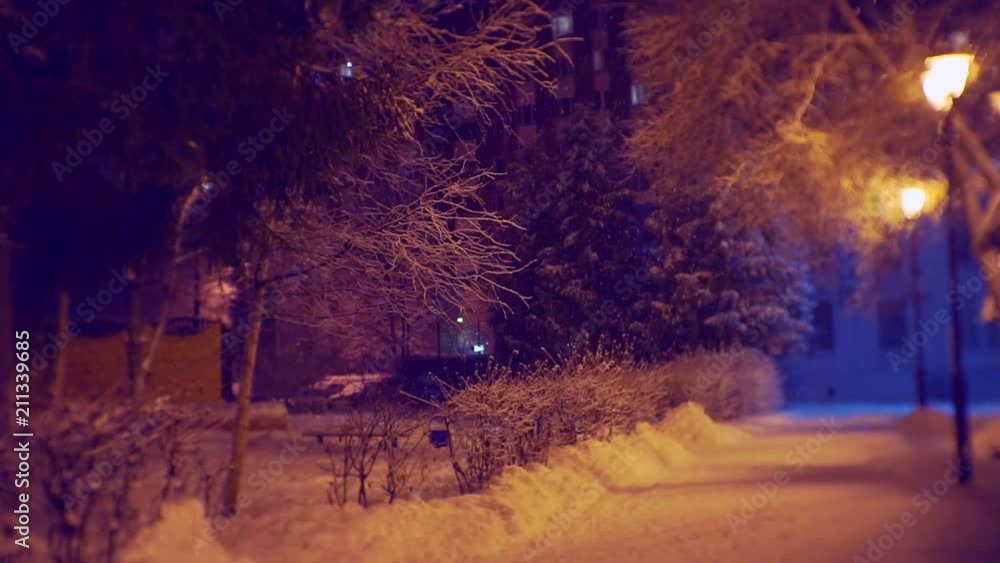 beautiful alley, illuminated by lanterns on a winter night during a snowfall beautiful alley, illuminated by lanterns on a winter night during a snowfall