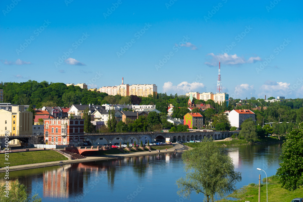 Waterfront panorama of boulevard in Gorzow Wielkopolski at sunny summer day 