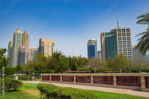 Downtown of Abu Dhabi seen from city park, United Emirates 