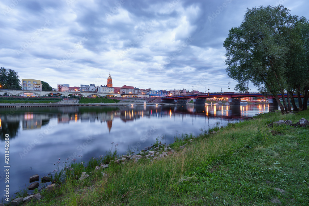 Evening panorama of Gorzow Wielkopolski with blue sky, Poland
