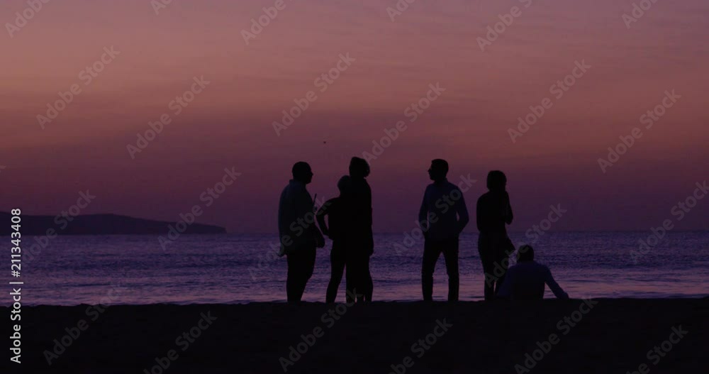 slow motion silhouette group of young people after beach party on beautiful sunrise morning slow motion silhouette group of young people after beach party on beautiful sunrise morning