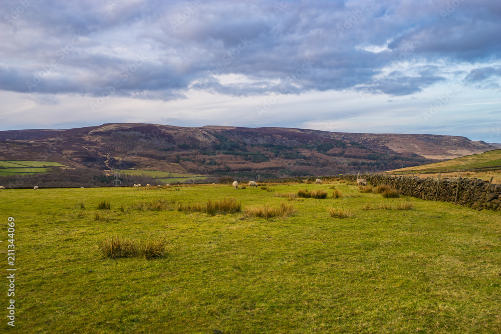 Panorama of Peak District landscape in UK