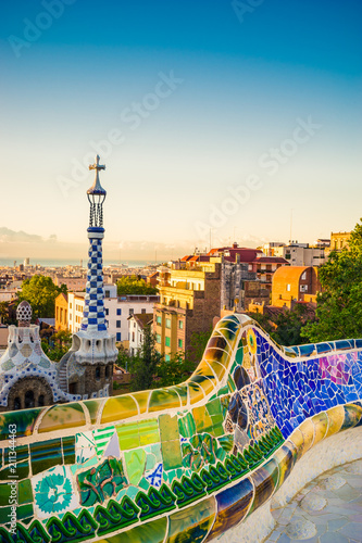 Barcelona at sunrise viewed from park Guell, Spain