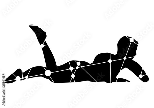 Illustration of a woman lying on the floor. Relaxing pose ready for massage. Spa salon branding. Silhouette textured by lines and dots pattern