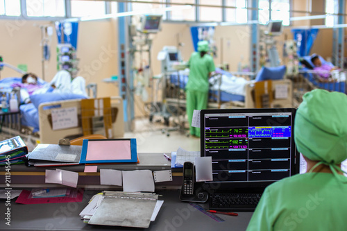 Patient with medical equipment  in ICU.