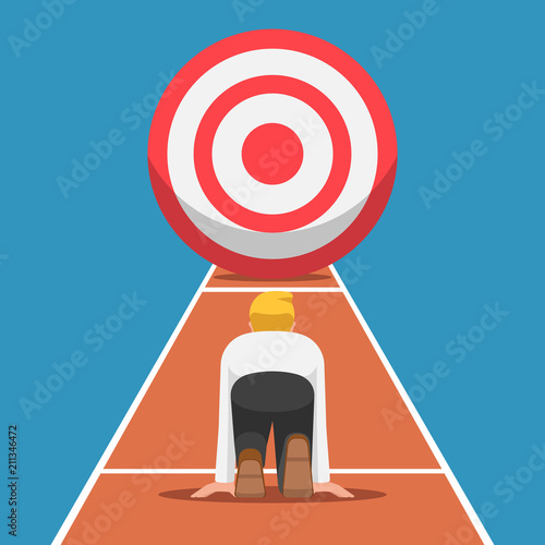 Businessman on starting point and ready to run at the target