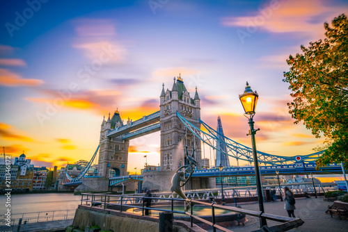 Tower Bridge at sunrise in London. England