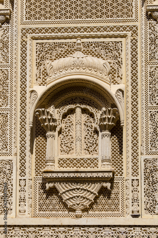 Indian ornament on wall of palace in Jaisalmer fort, India