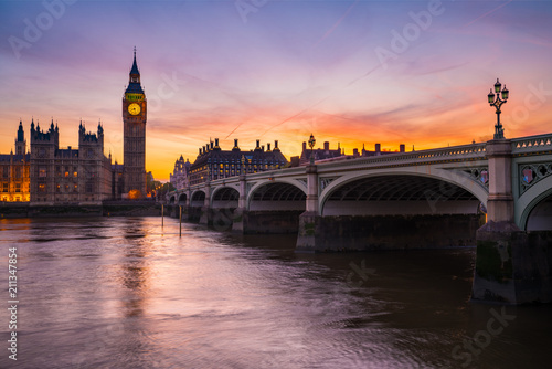 Big Ben and Westminster bridge at sunset 