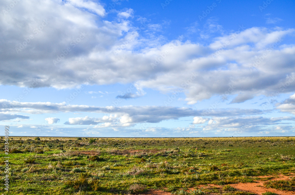 The vast expanse of land on plains. Hay, NSW Australia.  Background texture of green grassland and red dirt against cloudy sky.
