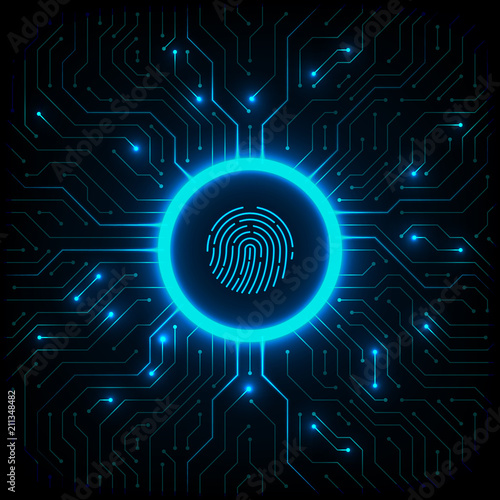 Abstract technology background. Cyber security concept. Fingerprint on circuit board vector background.