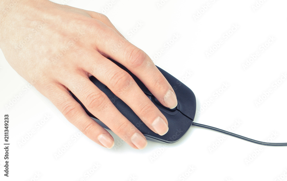 Black computer mouse in hand on white background Black computer mouse in hand on white background