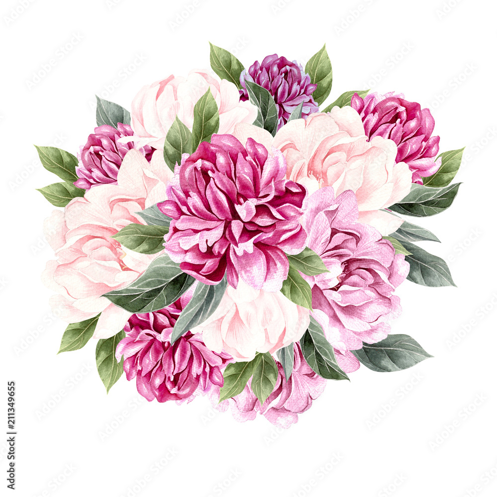 Watercolor bouquet with peony. 