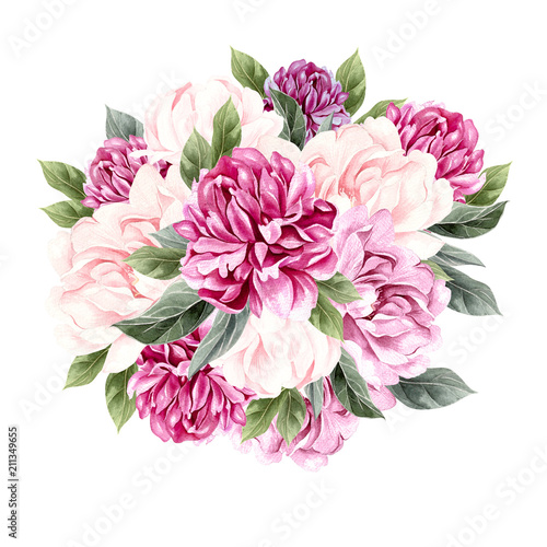 Watercolor bouquet with peony. 