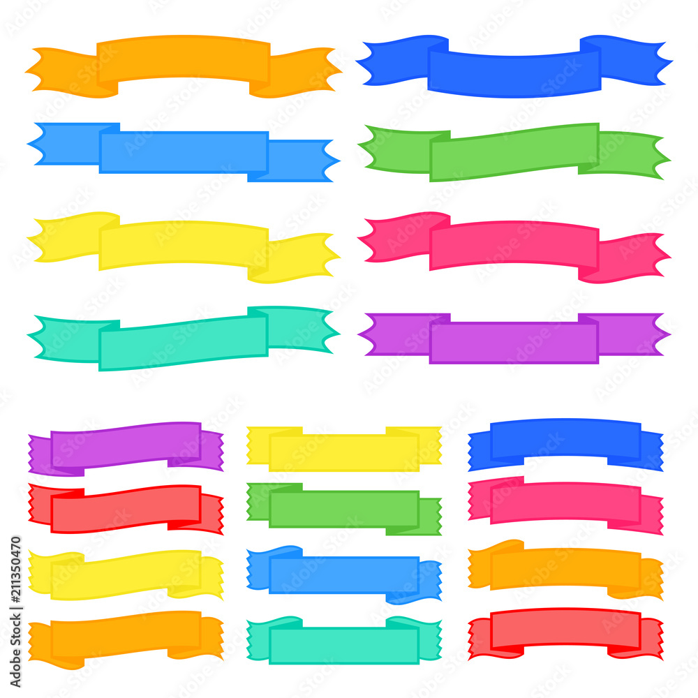 Set of colored long and short insulated ribbons isolated on white background. Simple flat vector illustration. With space for text. Suitable for infographics, design, advertising, holidays, labels.