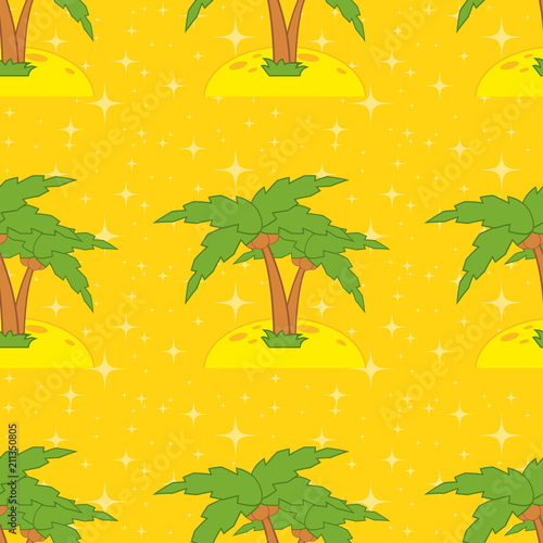 Colored seamless pattern of cartoon green palms on a yellow background. Simple flat vector illustration. For the design of paper wallpapers, fabric, wrapping paper, covers, web site design.