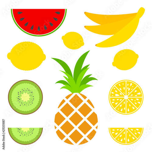 A set of colored insulated delicious fruits on a white background. Juicy, bright, delicious tropical food. Lemon, kiwi, banana, pineapple, watermelon. Simple flat vector illustration. 