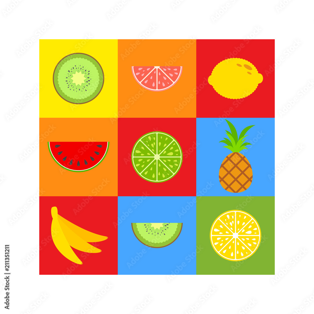 A set of colored insulated delicious fruits on squares of different colors. Juicy, bright, delicious tropical food. Lime, lemon, grapefruit, banana. Simple flat vector illustration. 