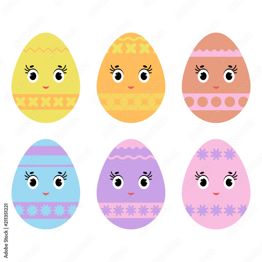 Set of cartoon cute colorful isolated Easter eggs on white background. With an abstract striped pattern. Simple flat vector illustration. Suitable for decoration of postcards, advertising