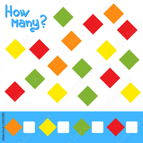 Game for preschool children. Count as many squares in the picture and write down the result. Bright colors. With a place for answers. Simple flat isolated vector illustration.
