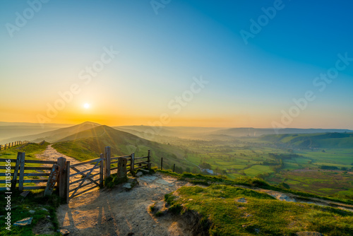 Beautiful sunrise near the Great Ridge at Mam Tor. Peak District. UK