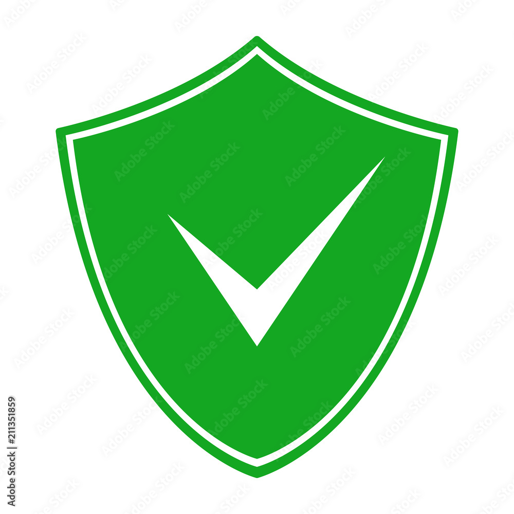 Green shield with check mark symbol. Vector icon. Green shield with check mark symbol. Vector icon.