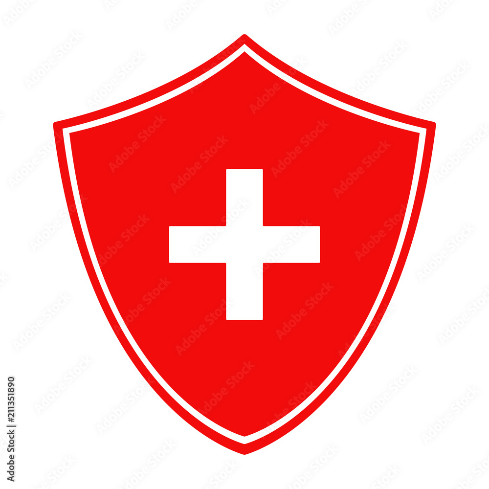 Red shield and white cross. Medical care symbol. Vector icon. Red shield and white cross. Medical care symbol. Vector icon.