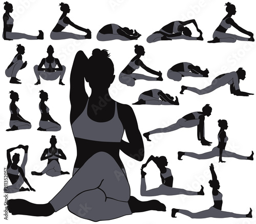 Set of vector silhouettes of slim woman in different yoga poses.