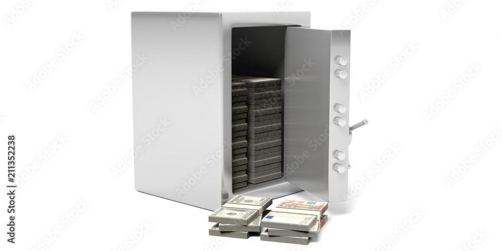 Safety vault with stack of money on a white background. 3d illustration. Safety vault with stack of money on a white background. 3d illustration.