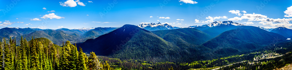 Panorama view of the Rugged Peaks of the Cascade Mountain Range on the US-Canada border as seen from the Cascade Lookout viewpoint in EC Manning Provincial Park in British Columbia, Canada
