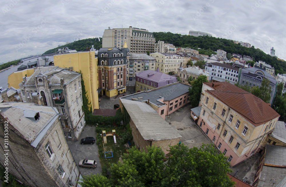 Aerial top view of Kyiv, Podol historical district,Ukraine