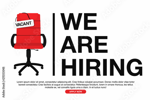 Business hiring and recruiting concept. We are hiring, banner concept, vacant position. Empty office chair with vacant sign isolated on white background