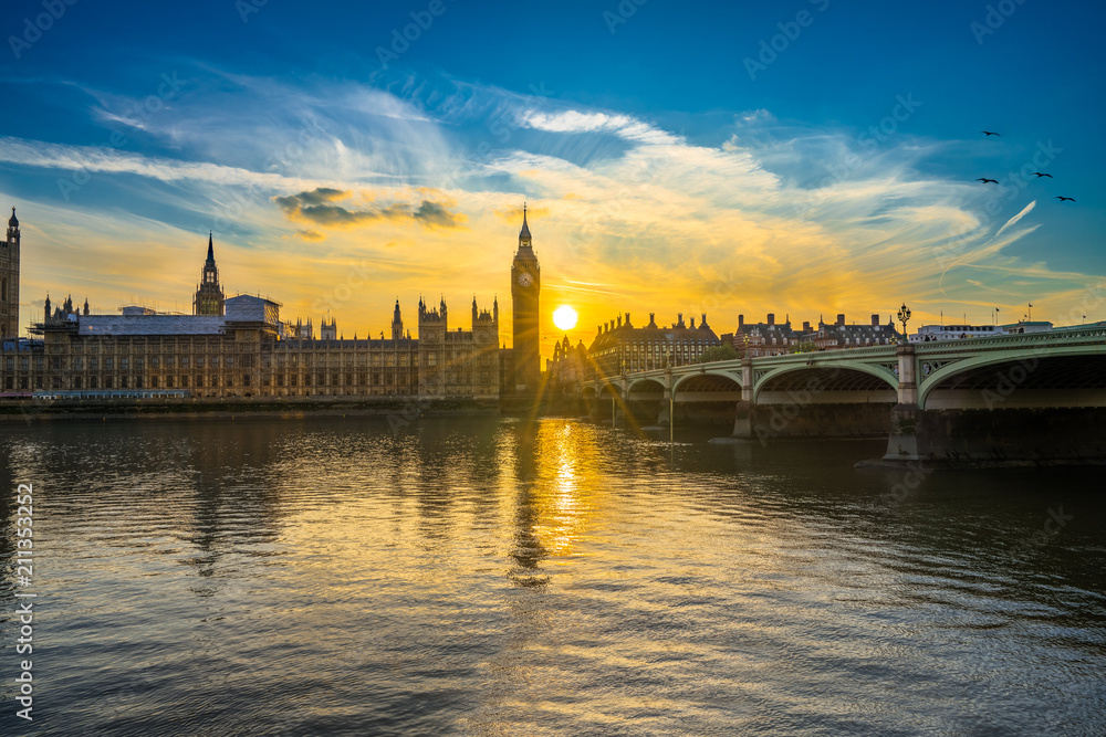 Westminster palace and Big Ben at beautiful sunset in London, UK