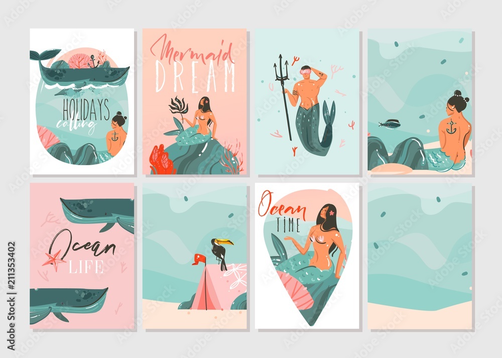 Hand drawn vector abstract graphic cartoon summer time flat illustrations cards template collection set with beach people,mermaid and whale,sunset and tropical birds isolated on white background