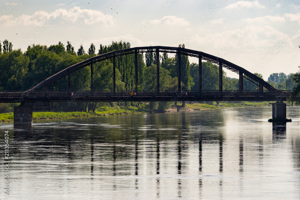 Old railway bridge with Warta river in Gorzow Wielkopolski, Poland