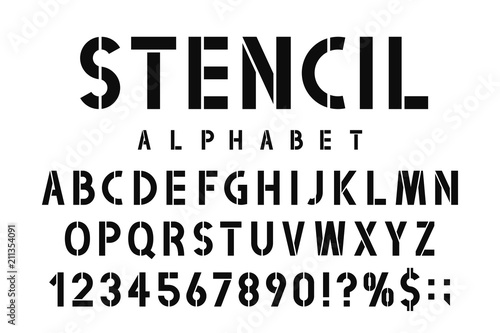 Military stencil font. Stencil alphabet with numbers in retro army style. Vintage and urban font for stencil-plate