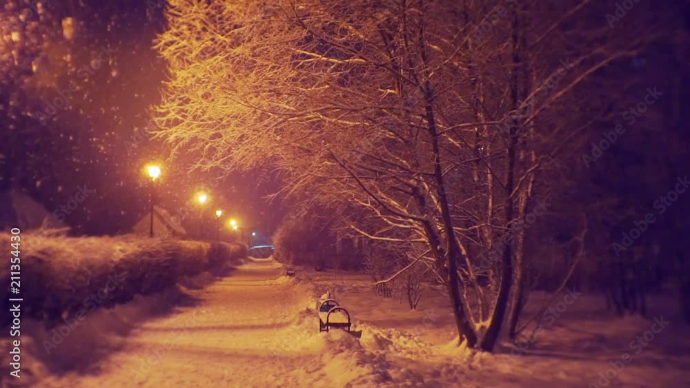 beautiful alley, illuminated by lanterns on a winter night during a snowfall beautiful alley, illuminated by lanterns on a winter night during a snowfall