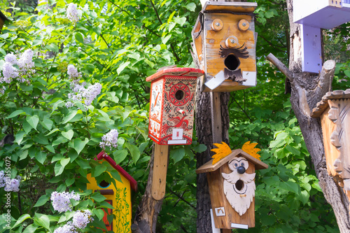 Valokuva A wooden birdhouse in which the birds live, with green roof and cone against the