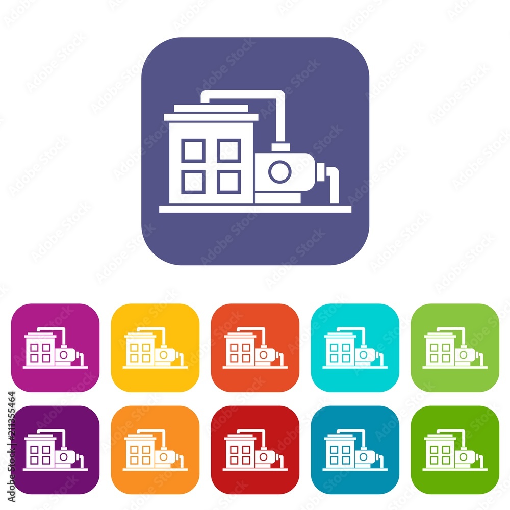 Factory building icons set vector illustration in flat style in colors red, blue, green, and other Factory building icons set vector illustration in flat style in colors red, blue, green, and other