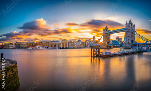 Tower Bridge sunset panorama over Thames River in London