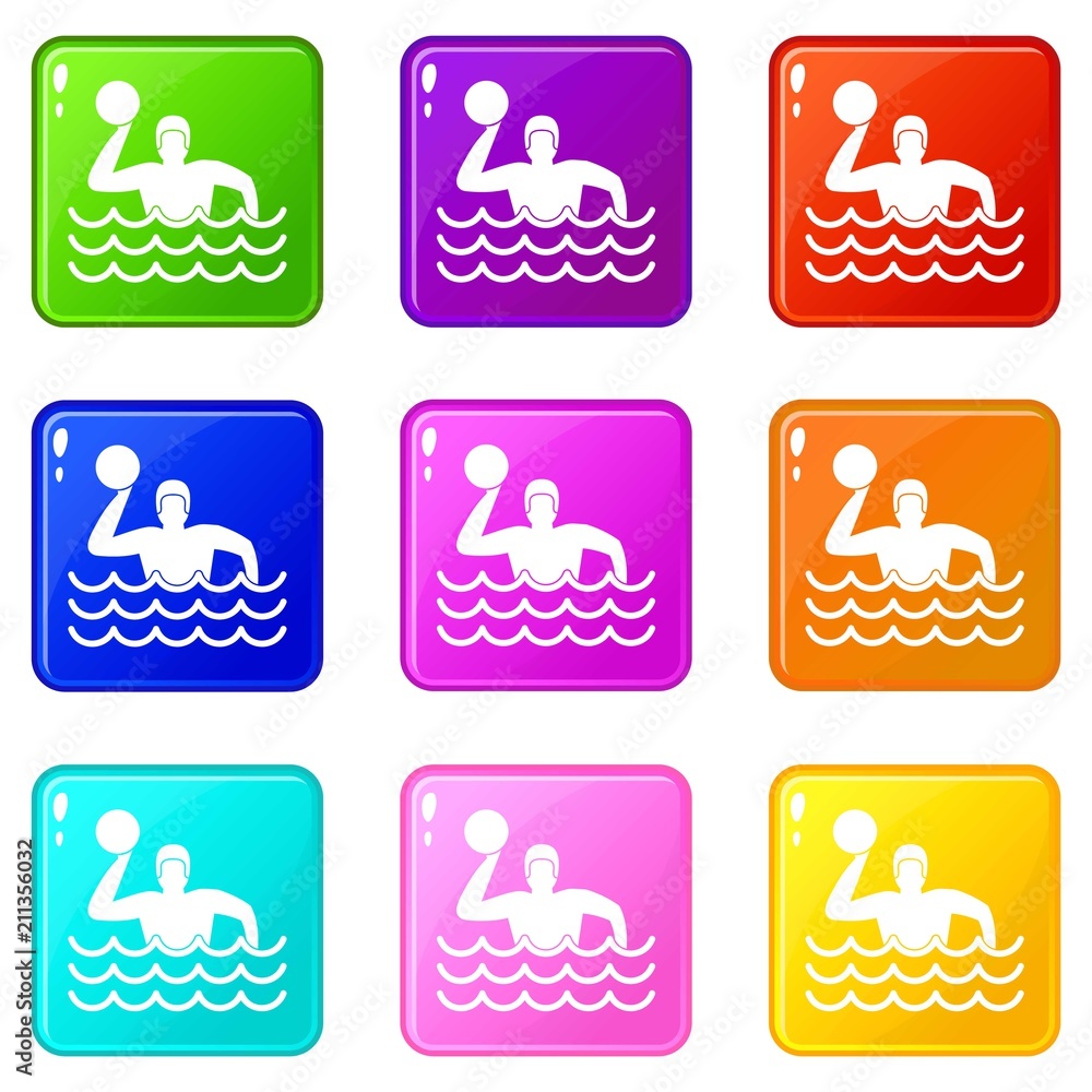 Water polo icons of 9 color set isolated vector illustration