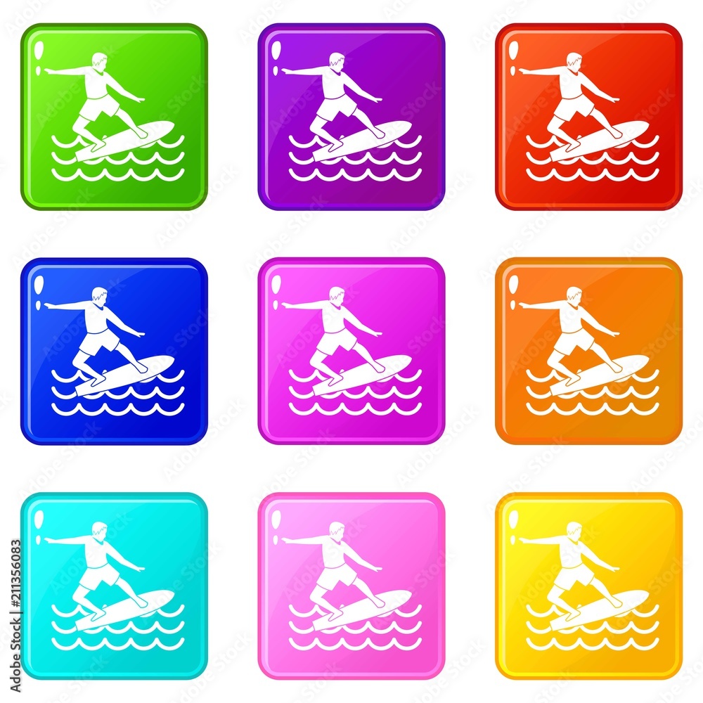 Surfer man icons of 9 color set isolated vector illustration