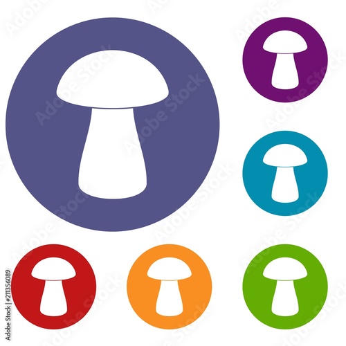 Fungus boletus icons set in flat circle red, blue and green color for web