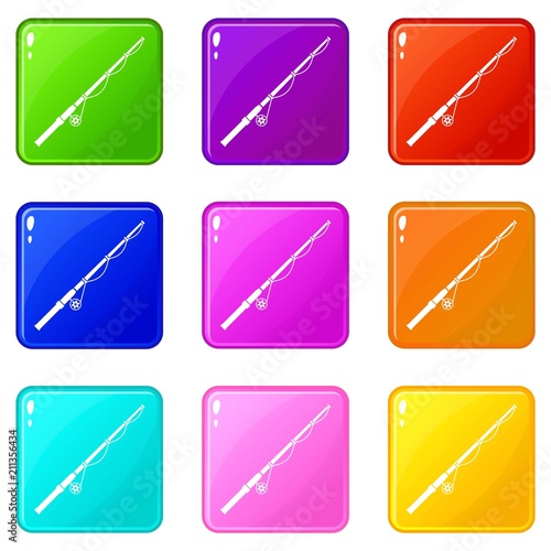 Rod and reel icons of 9 color set isolated vector illustration
