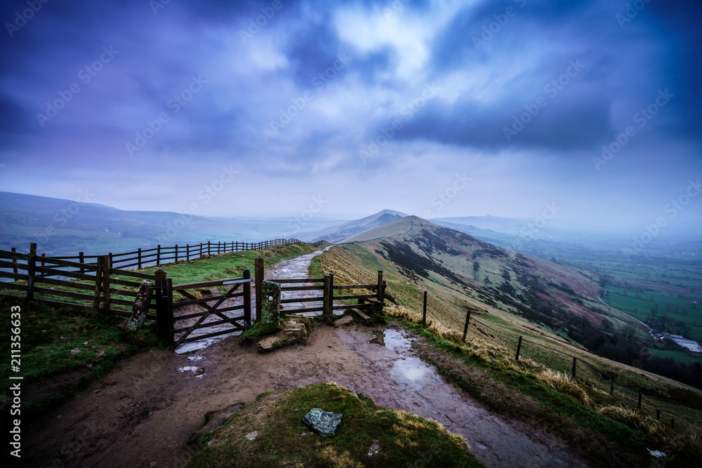 The Great Ridge at Mam Tor mountain at blue hour, Peak District, UK