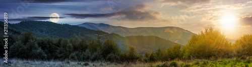 time change concept over the Carpathian mountains. panorama with sun and moon in the sky. beautiful landscape with forested hills and Apetska mountain in the distance. 